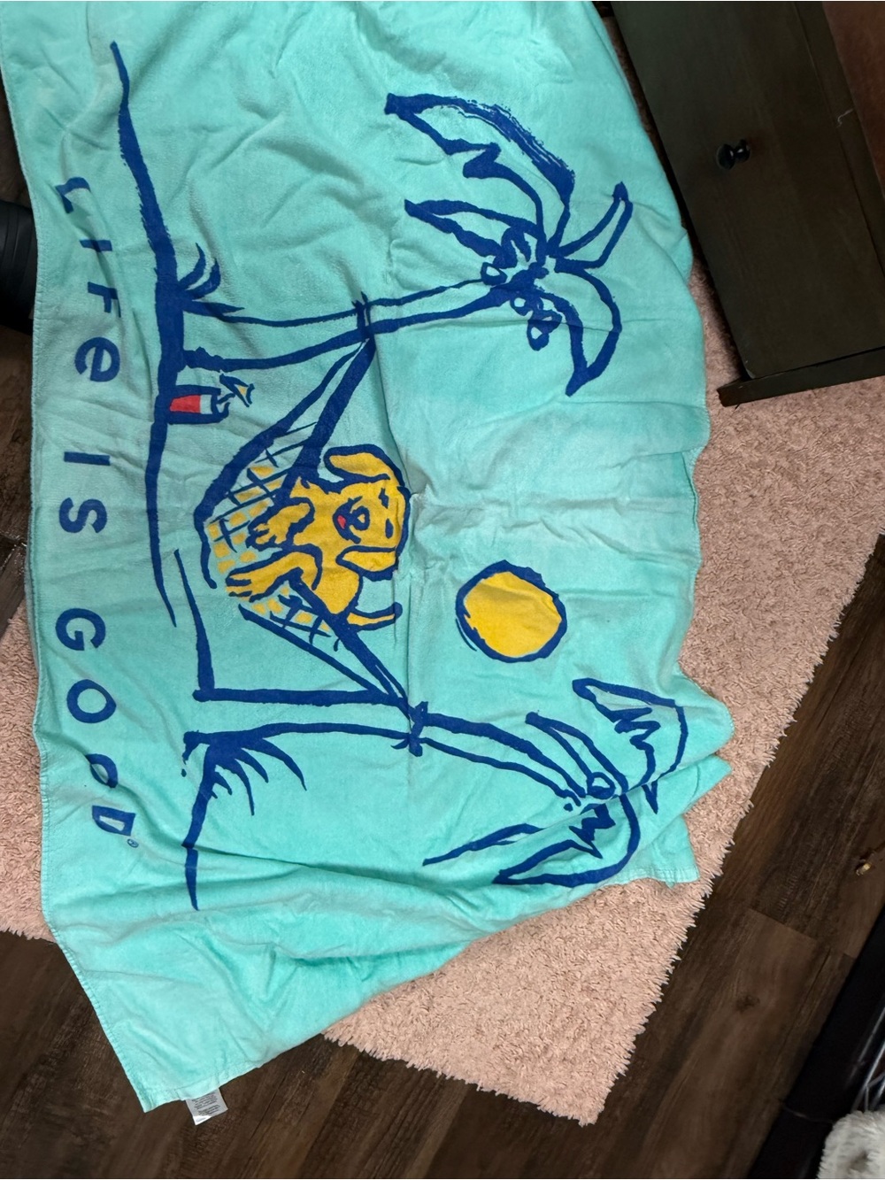 Life Is Good Turquoise Beach Towel with Yellow and Navy Print